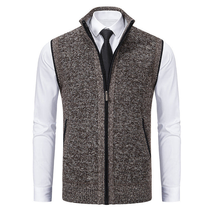 Warm & stylish men's full-zip knit vest, turtleneck, excellent for comfortable layering in cold weather.
