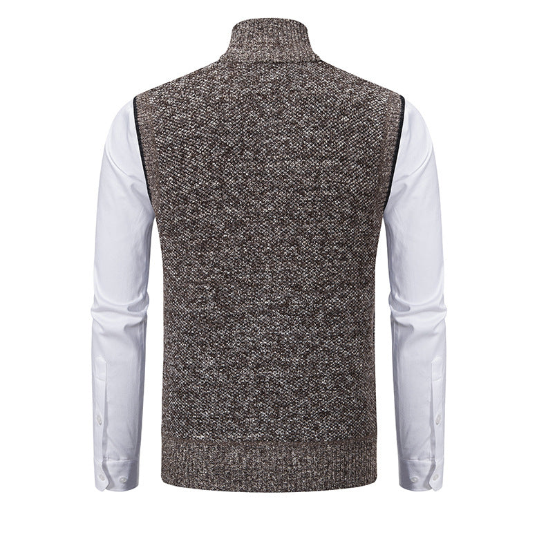 Practical men's full-zip knit vest with pockets & turtleneck style, perfect for smart casual winter wear.