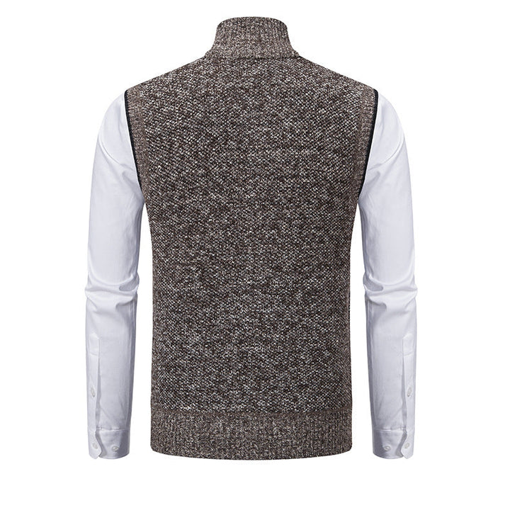 Practical men's full-zip knit vest with pockets & turtleneck style, perfect for smart casual winter wear.