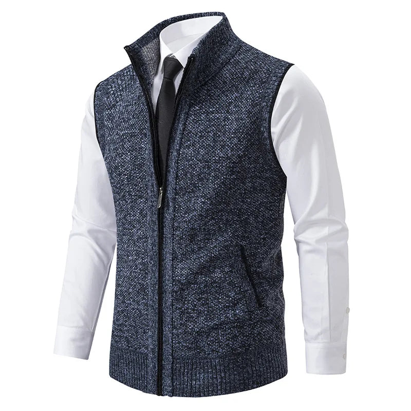 Timeless men's Cambridge knit vest, full-zip turtleneck design for elegant casual autumn layering.