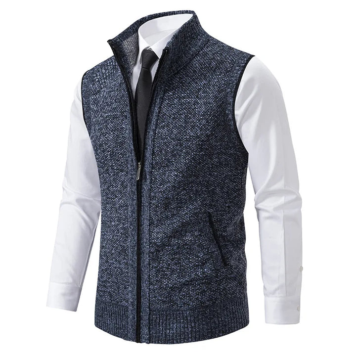 Timeless men's Cambridge knit vest, full-zip turtleneck design for elegant casual autumn layering.