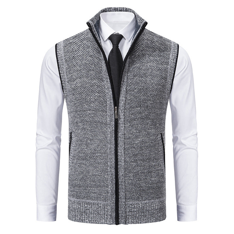 Men's comfortable full-zip knit vest with turtleneck and pockets, ideal for winter style & warmth.