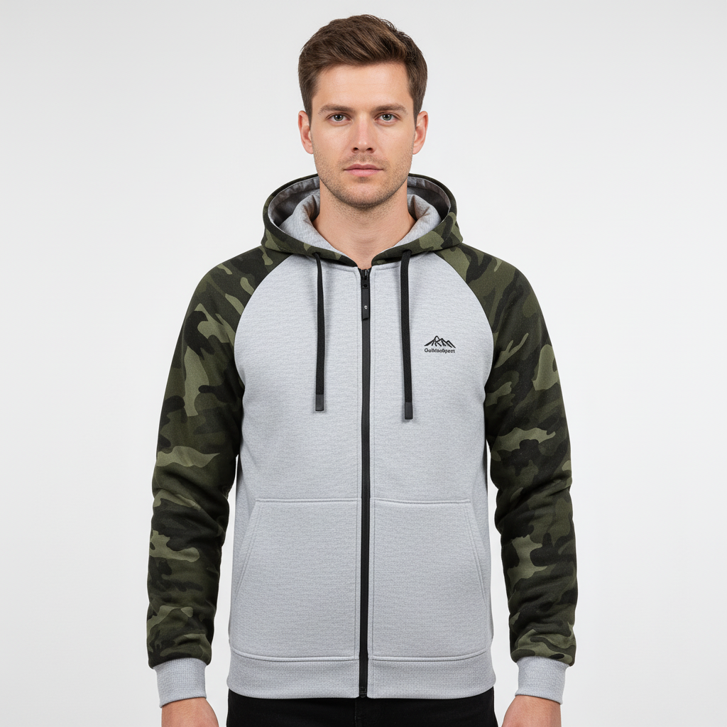 Dominik men's fashion: camouflage zipped fleece jacket, excellent for outdoor activities.
