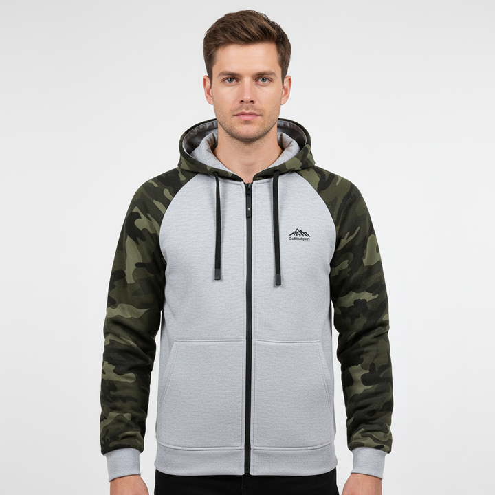 Dominik men's fashion: camouflage zipped fleece jacket, excellent for outdoor activities.
