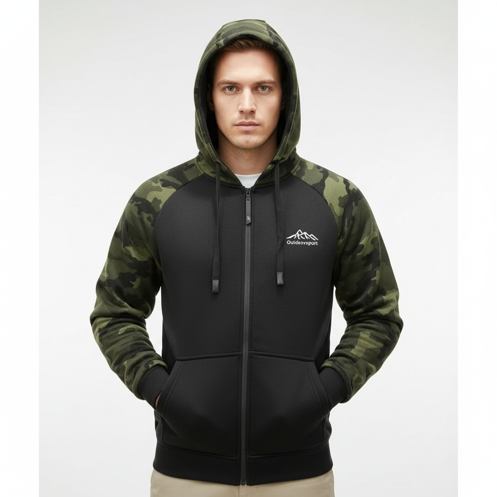 Warm men's camo fleece jacket, polyester, zipped for comfort and style.