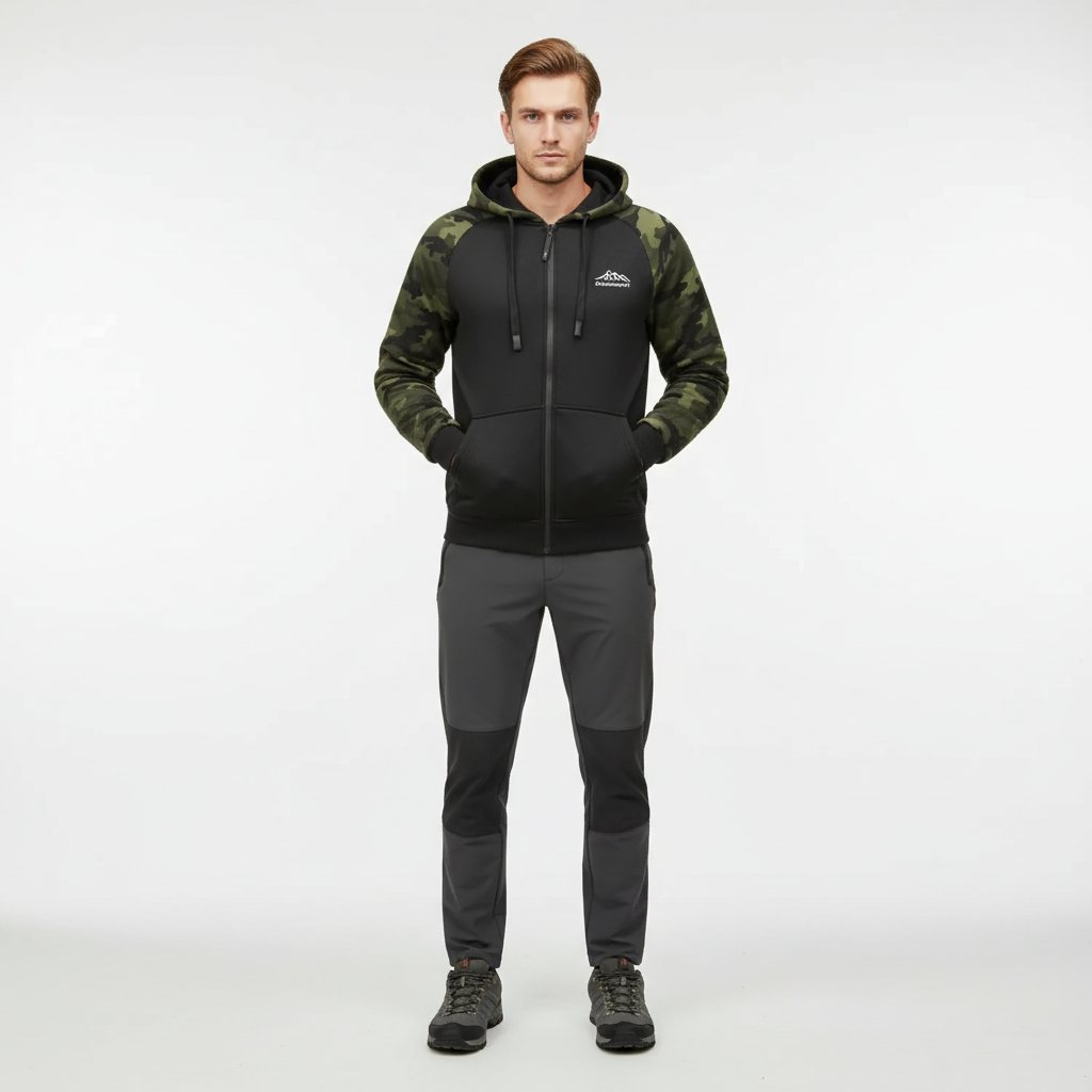 Zipped camouflage fleece jacket for men, offering warmth and a fashionable look.