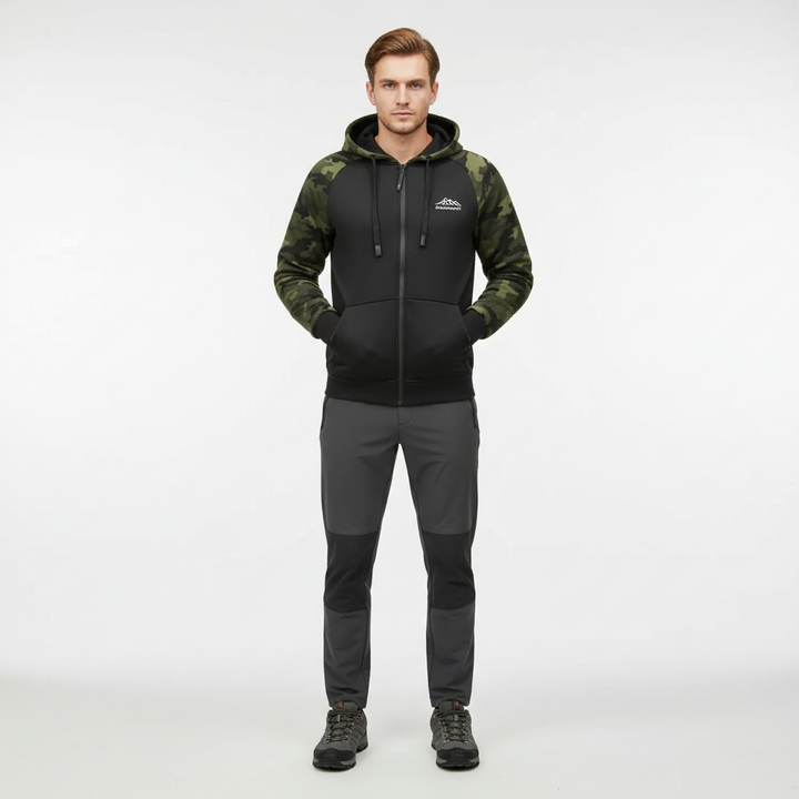 Zipped camouflage fleece jacket for men, offering warmth and a fashionable look.