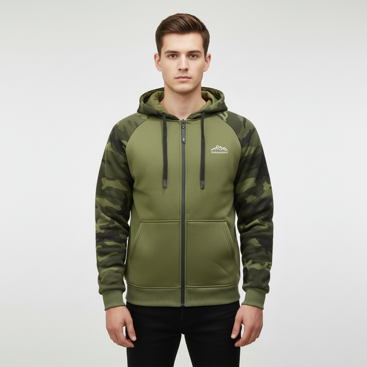 Men's active outdoor wear: camo fleece jacket with zipper, polyester material.