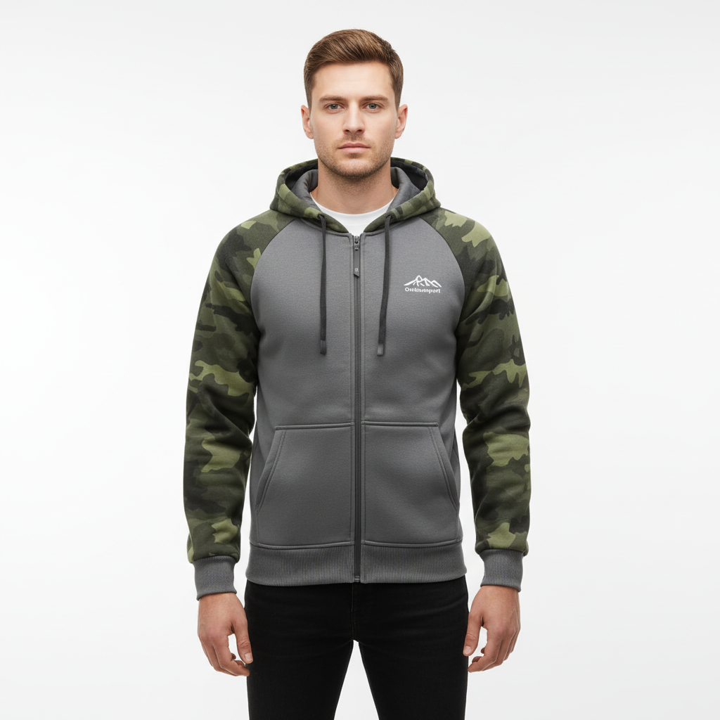 Cozy men's fleece jacket in camouflage print, full zip closure, warm for winter.