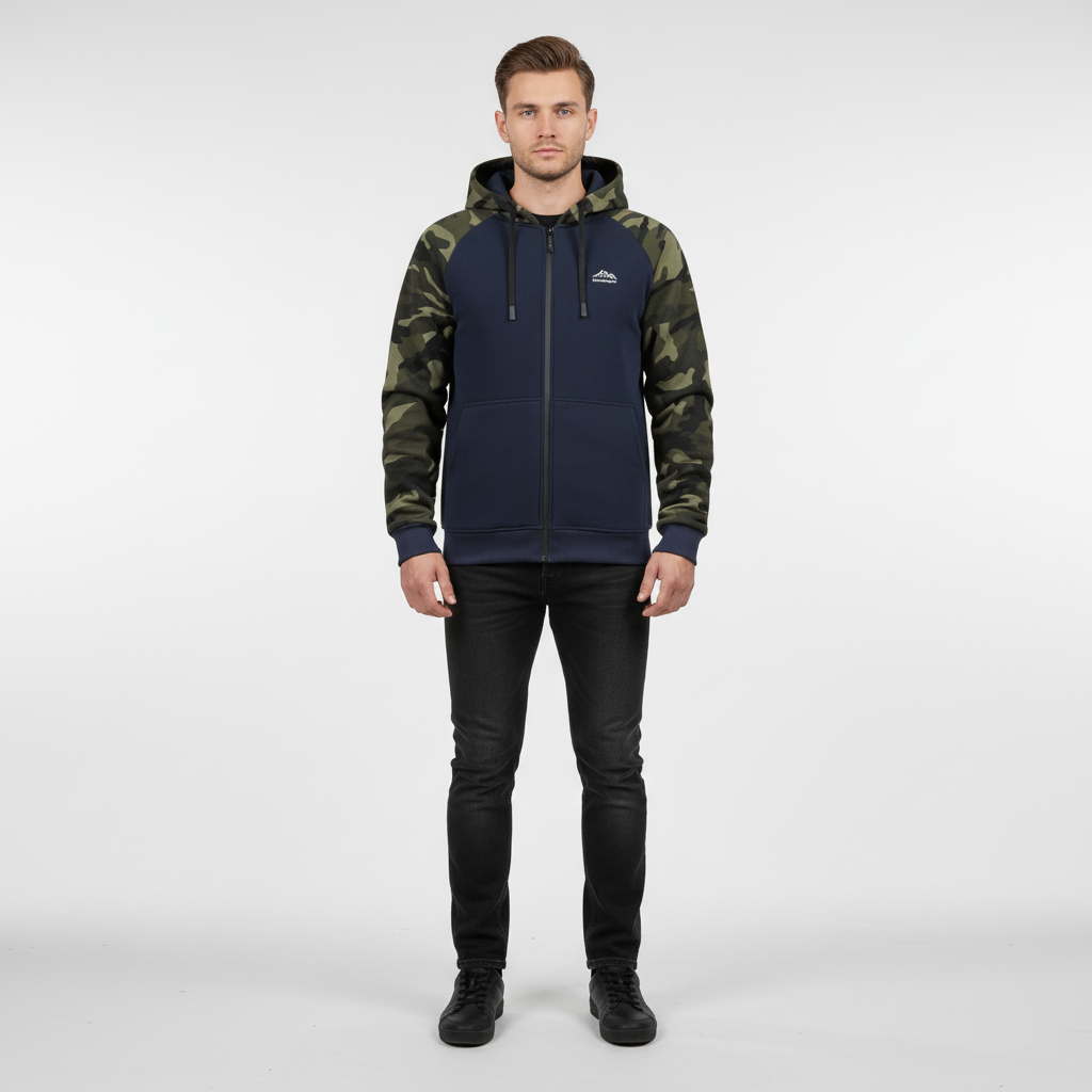 Winter-ready men's camouflage jacket, fleece material, secure front zipper.