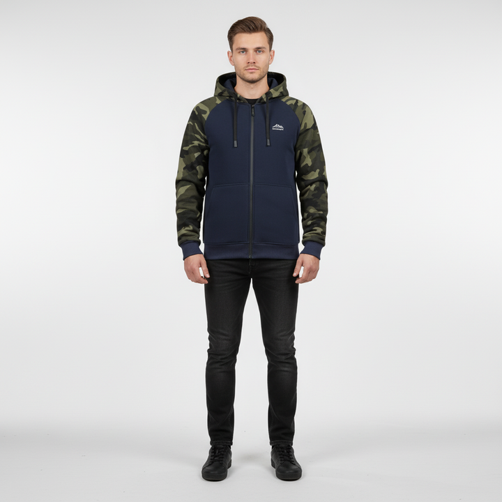 Winter-ready men's camouflage jacket, fleece material, secure front zipper.