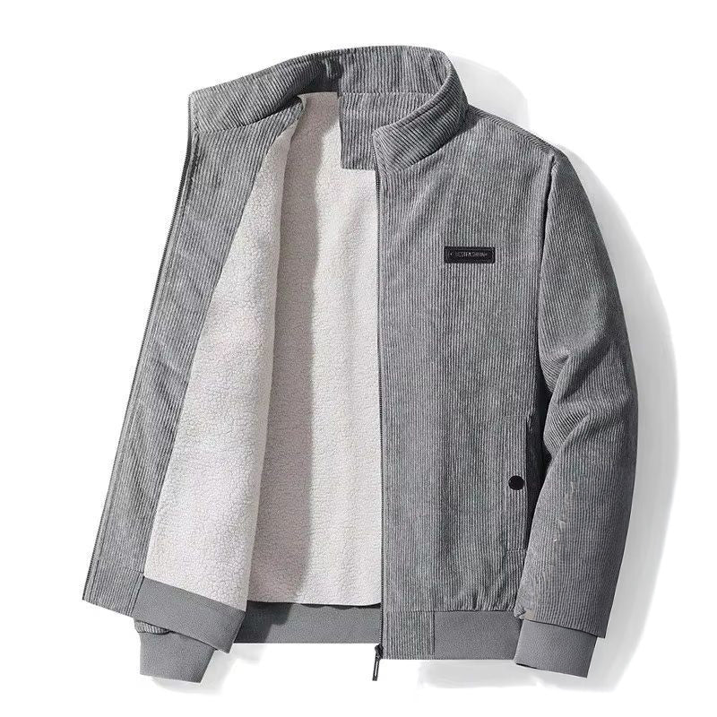 Warm men's rugged adventure jacket, ideal outdoor outerwear for cold weather & layering, in earthy tones.