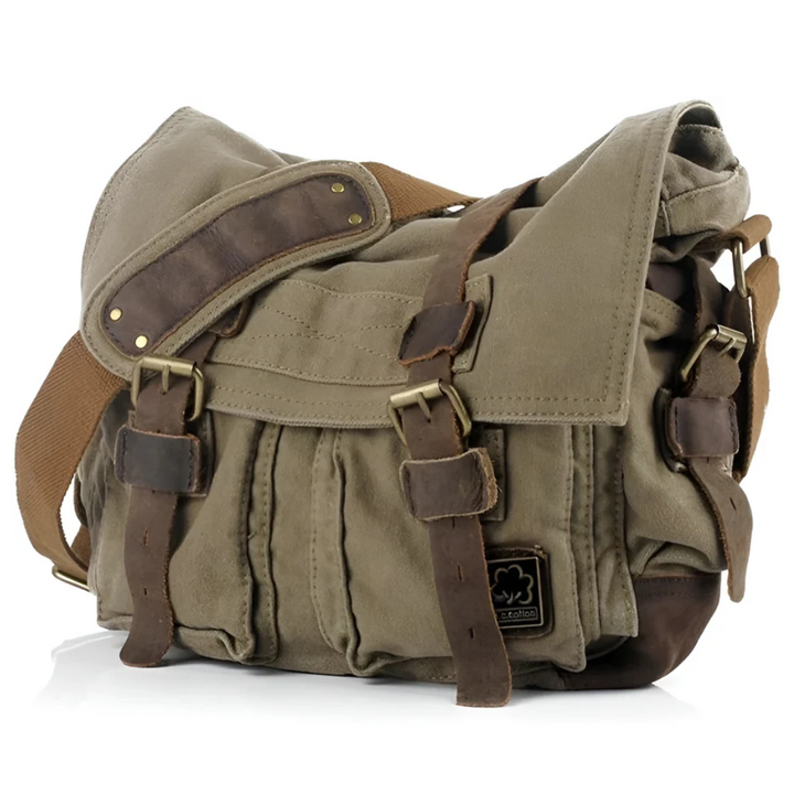 Men's canvas crossbody shoulder bag, khaki, adjustable strap, front pocket, durable urban style travel gear