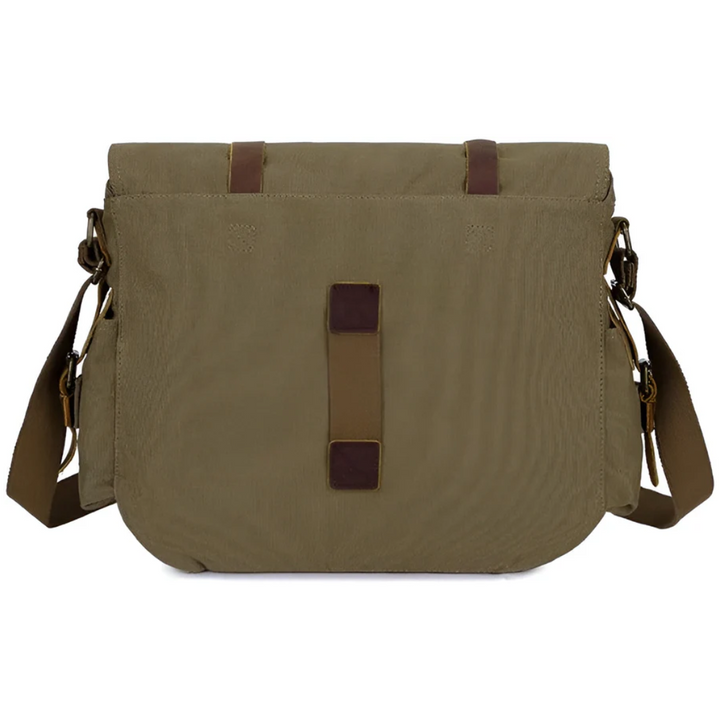 Durable men's crossbody bag, canvas fabric, close-up of zipper and stitching, suitable for daily commute