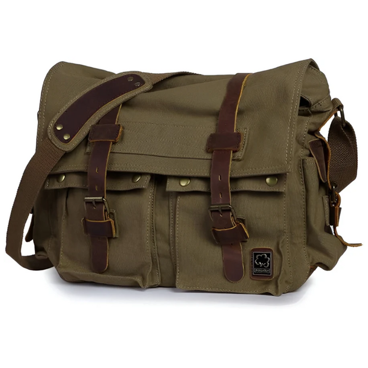 Men's canvas shoulder bag, front view on model, demonstrating comfortable fit, ideal for travel and urban style