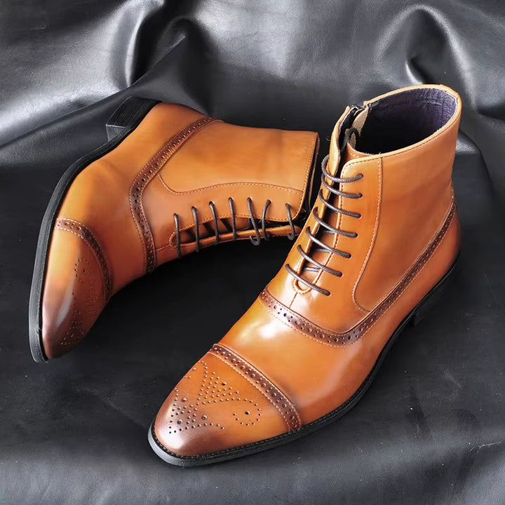 Men's cap-toe brogue dress boots, lace-up style with convenient side zipper. Formal & business footwear.