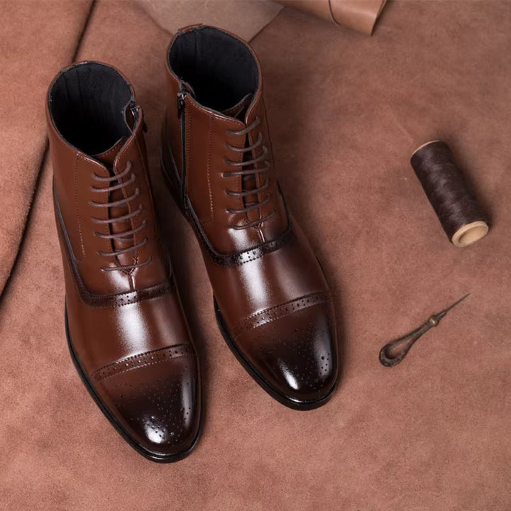 Stylish men's leather brogue dress boots, perfect for sophisticated formal and business fashion.