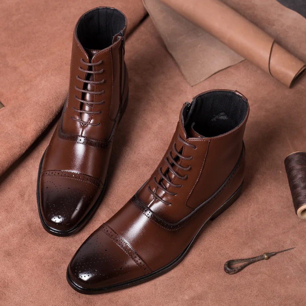 Versatile men's brogue dress boots for formal events, business, or stylish everyday wear. Cap-toe design.