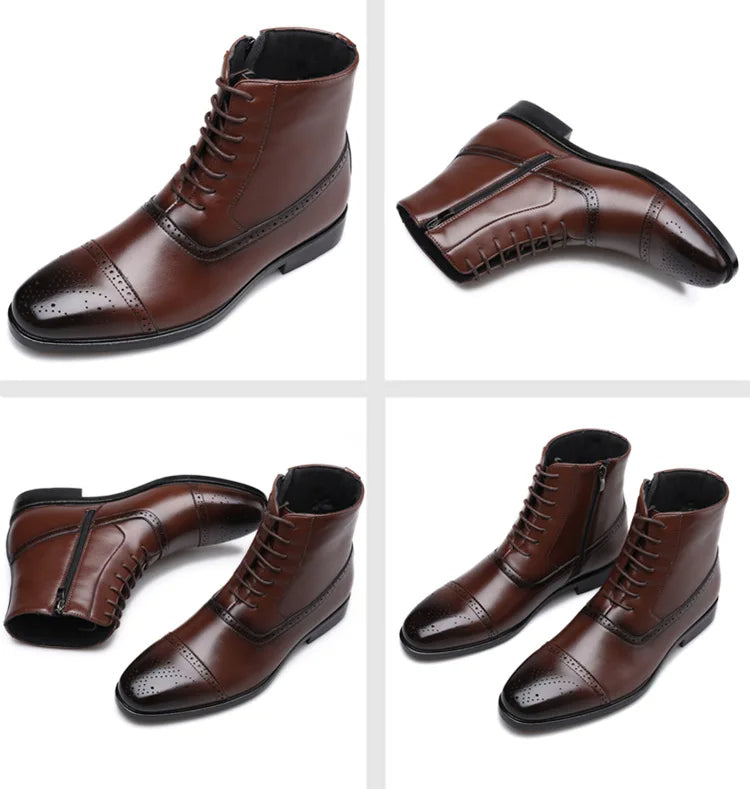 Elegant men's brogue lace-up boots with intricate detailing & cap-toe. Ideal for sophisticated attire.