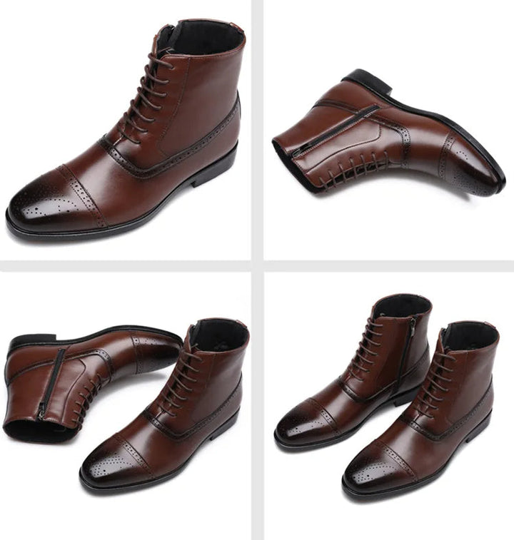 Elegant men's brogue lace-up boots with intricate detailing & cap-toe. Ideal for sophisticated attire.