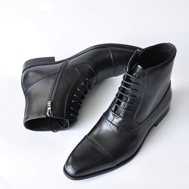 Formal men's dress boots with brogue perforations, cap-toe & side zipper. Perfect business footwear.