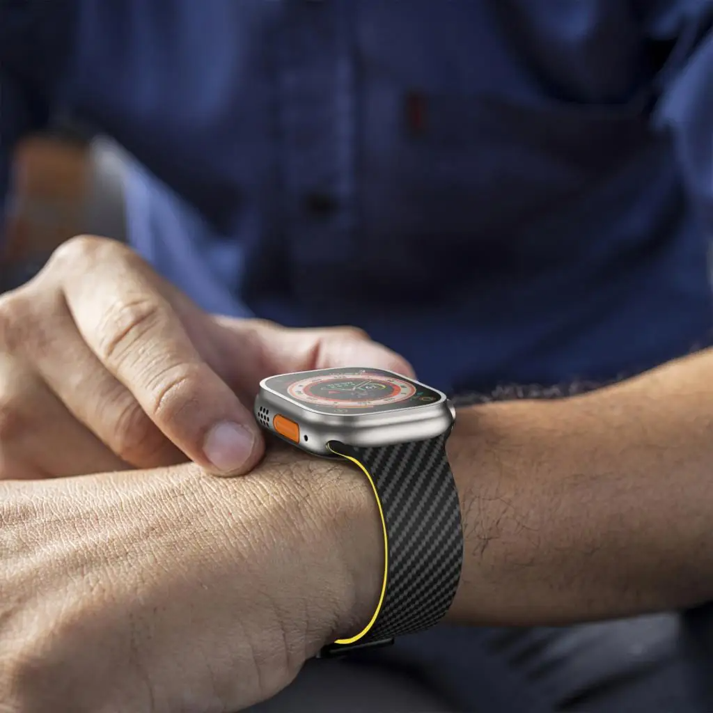 Black men's carbon fiber & silicone watch band. Perfect accessory for sport watches.