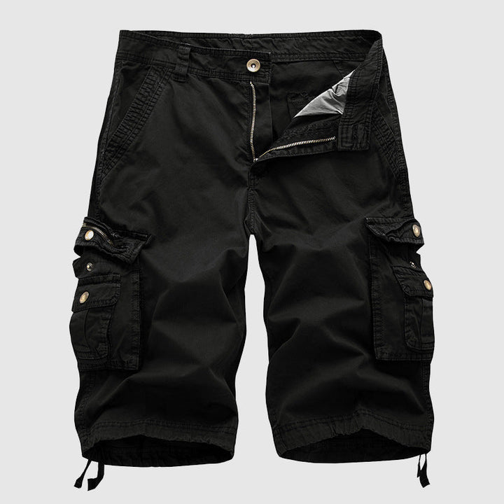 Comfortable men's multi-pocket cargo shorts, ideal for casual spring & summer outdoor activities. Knee-length relaxed fit.
