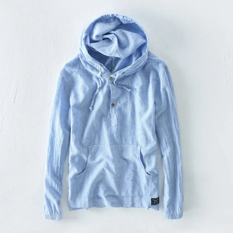 Sky blue men's Casa lightweight pullover hoodie, relaxed fit, perfect for summer beach wear & layering.
