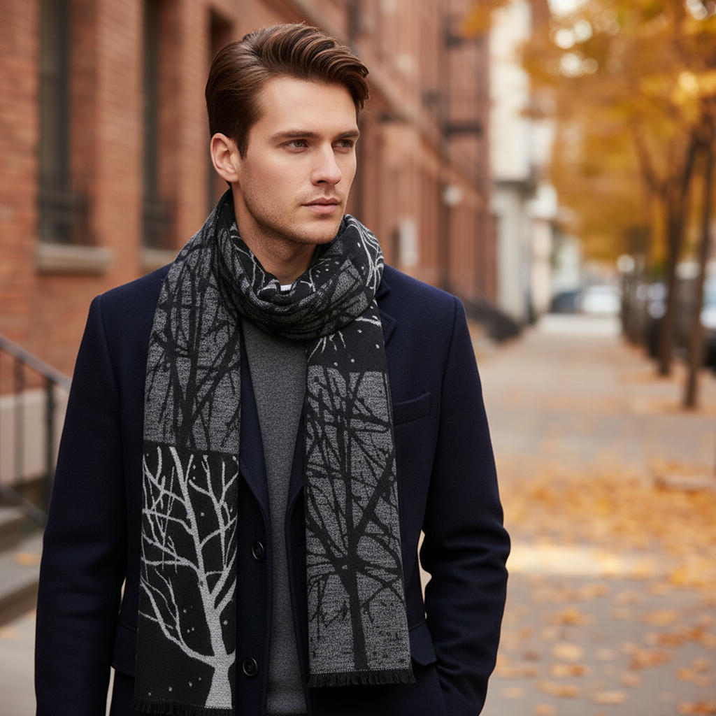 Men's cashmere blend checked scarf, warm winter accessory with classic pattern.