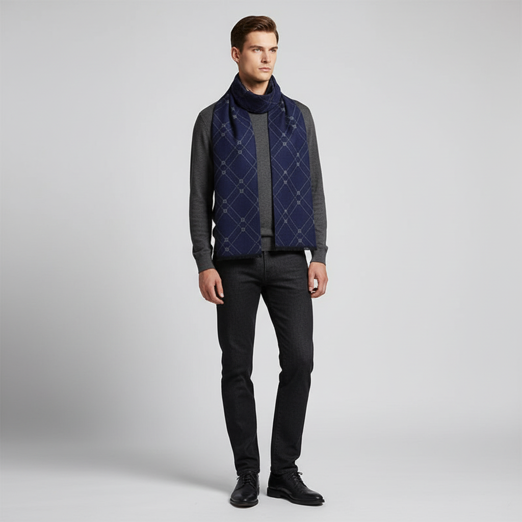 Men's warm scarf, cashmere blend with a timeless checked print.