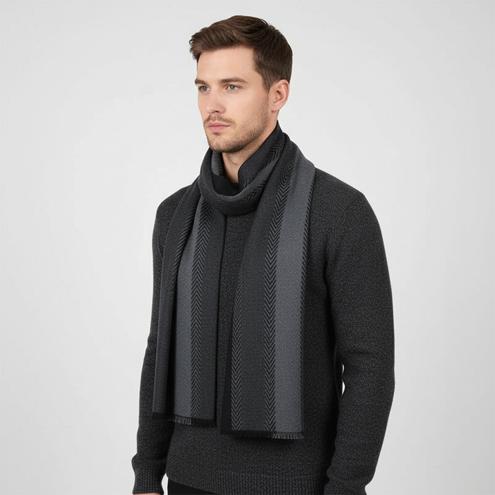Versatile men's cashmere blend scarf, brown and cream checked pattern.