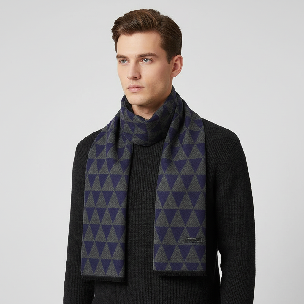Men's fashion black and grey checked scarf, luxurious cashmere blend.