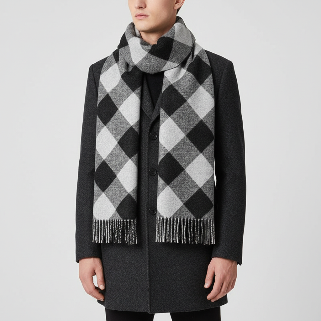 High-quality men's cashmere blend scarf, stylish checked design for winter.