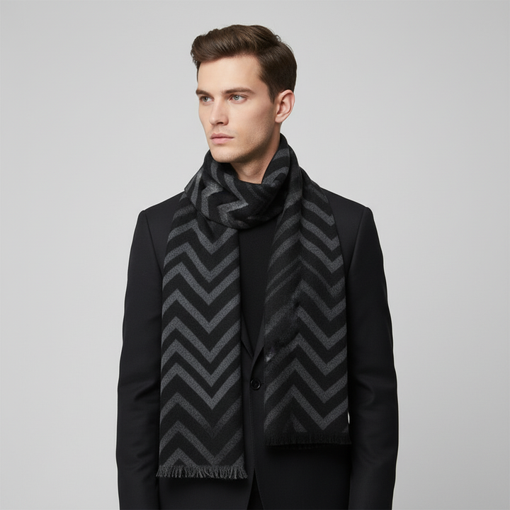 Elegant men's patterned scarf, cashmere blend material for softness.
