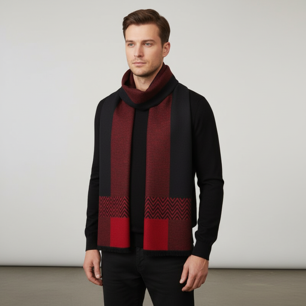 Detail of HeatLoom men's checked scarf, cozy cashmere blend fabric.