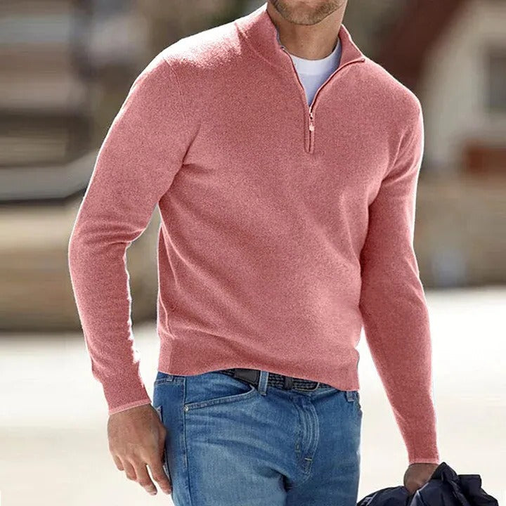 Men's cashmere zipper sweater, a versatile long-sleeve pullover for everyday comfort and casual wear.
