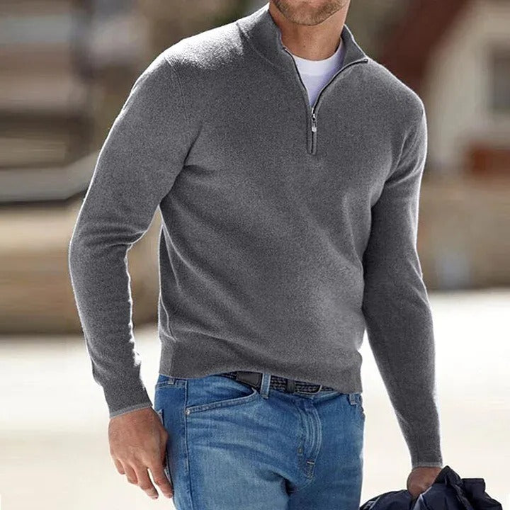Stylish men's long-sleeve cashmere zipper sweater, ideal for fall, winter, and spring fashion layering.