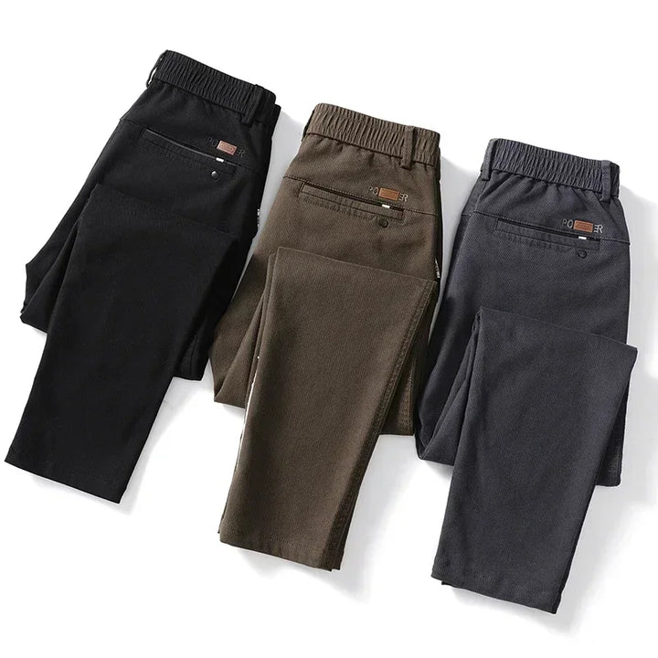 Versatile men's cotton blend trousers, wrinkle-resistant & stretch, comfortable for work wear.