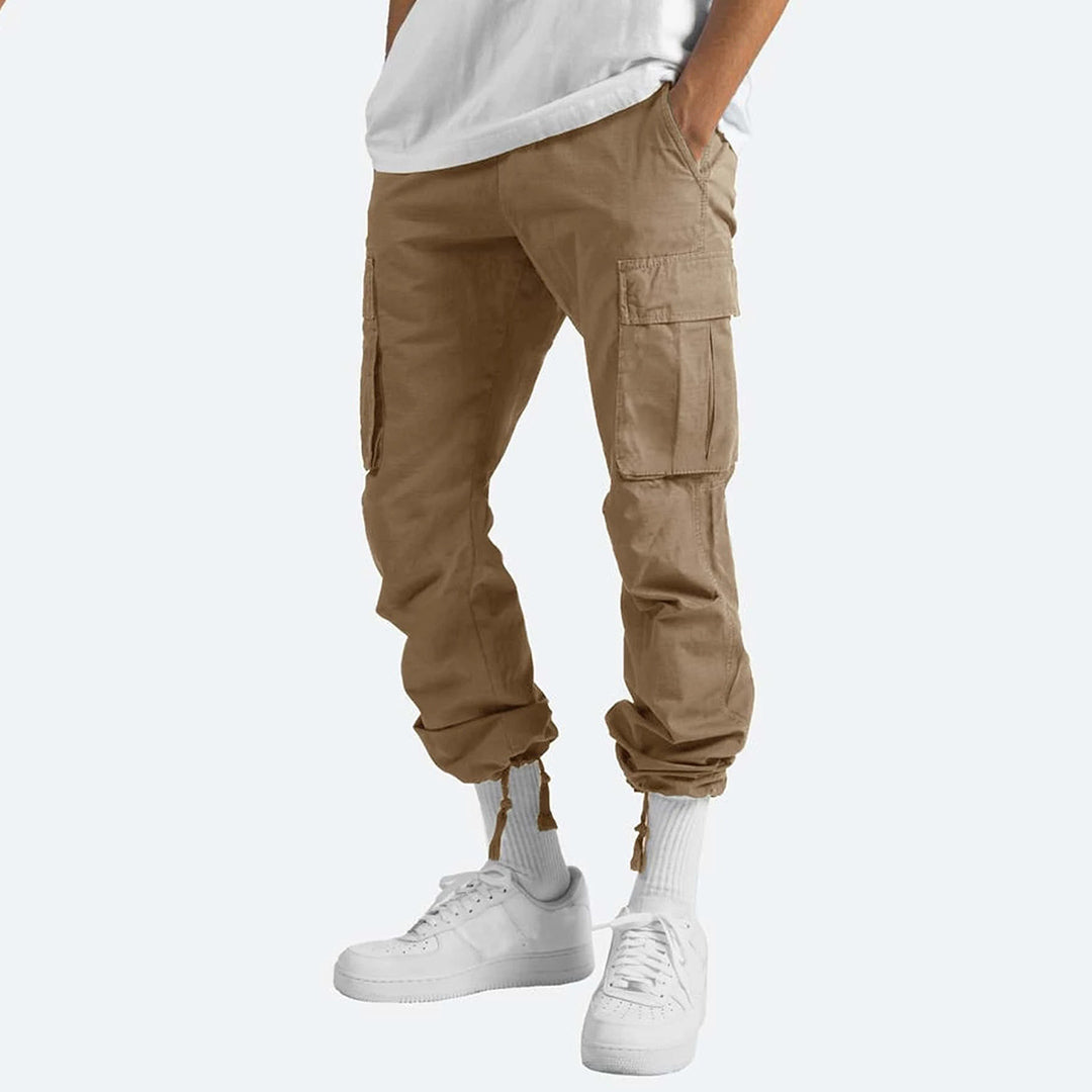 Men's apparel: relaxed fit cargo trousers, combining comfort with rugged style.