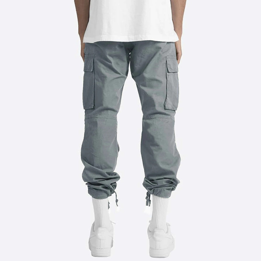 Relaxed fit utility cargo trousers for men, offering comfort and functionality.