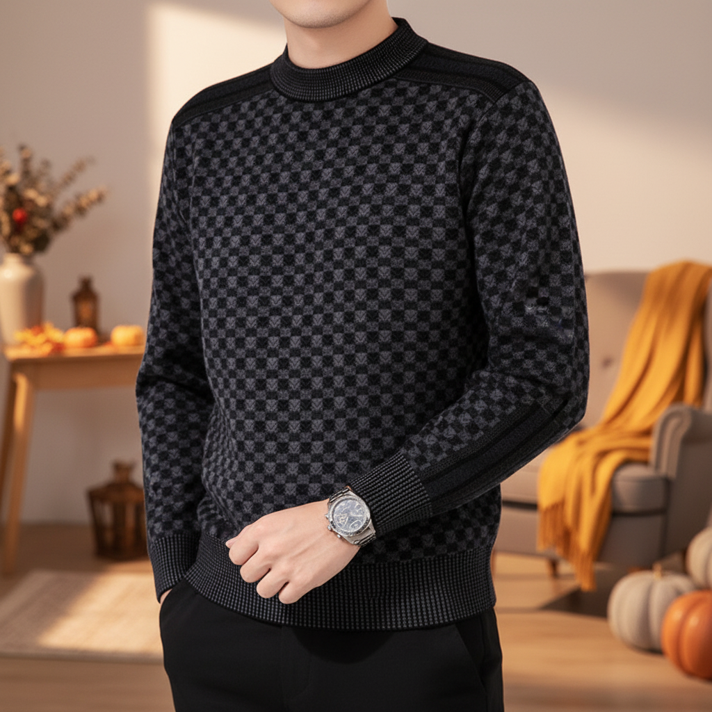 Men's casual checked knit round neck sweater in cotton for winter fashion, front view
