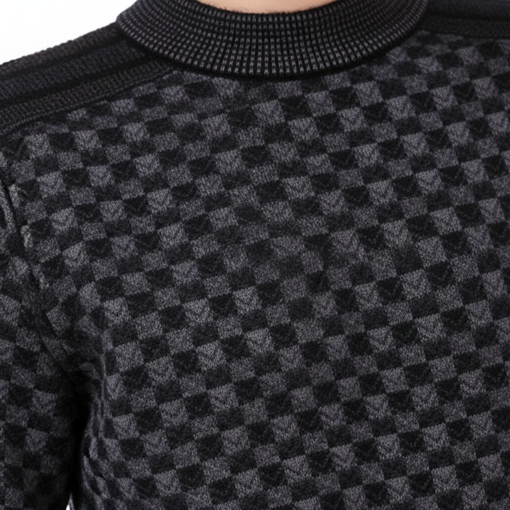Close-up of a men's checked knit round neck sweater texture, perfect for casual wear