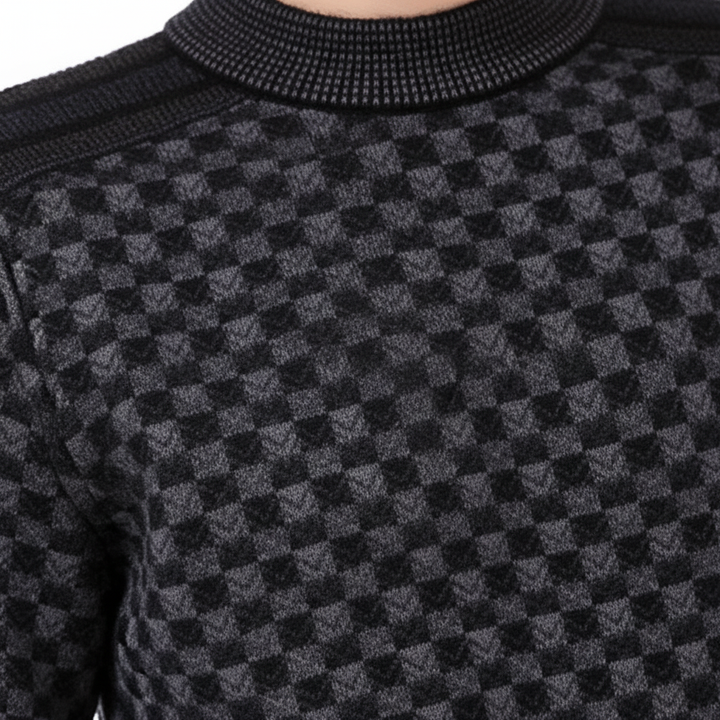 Close-up of a men's checked knit round neck sweater texture, perfect for casual wear