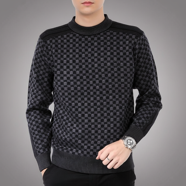 Men's cotton round neck sweater with a sophisticated checked knit pattern, side view