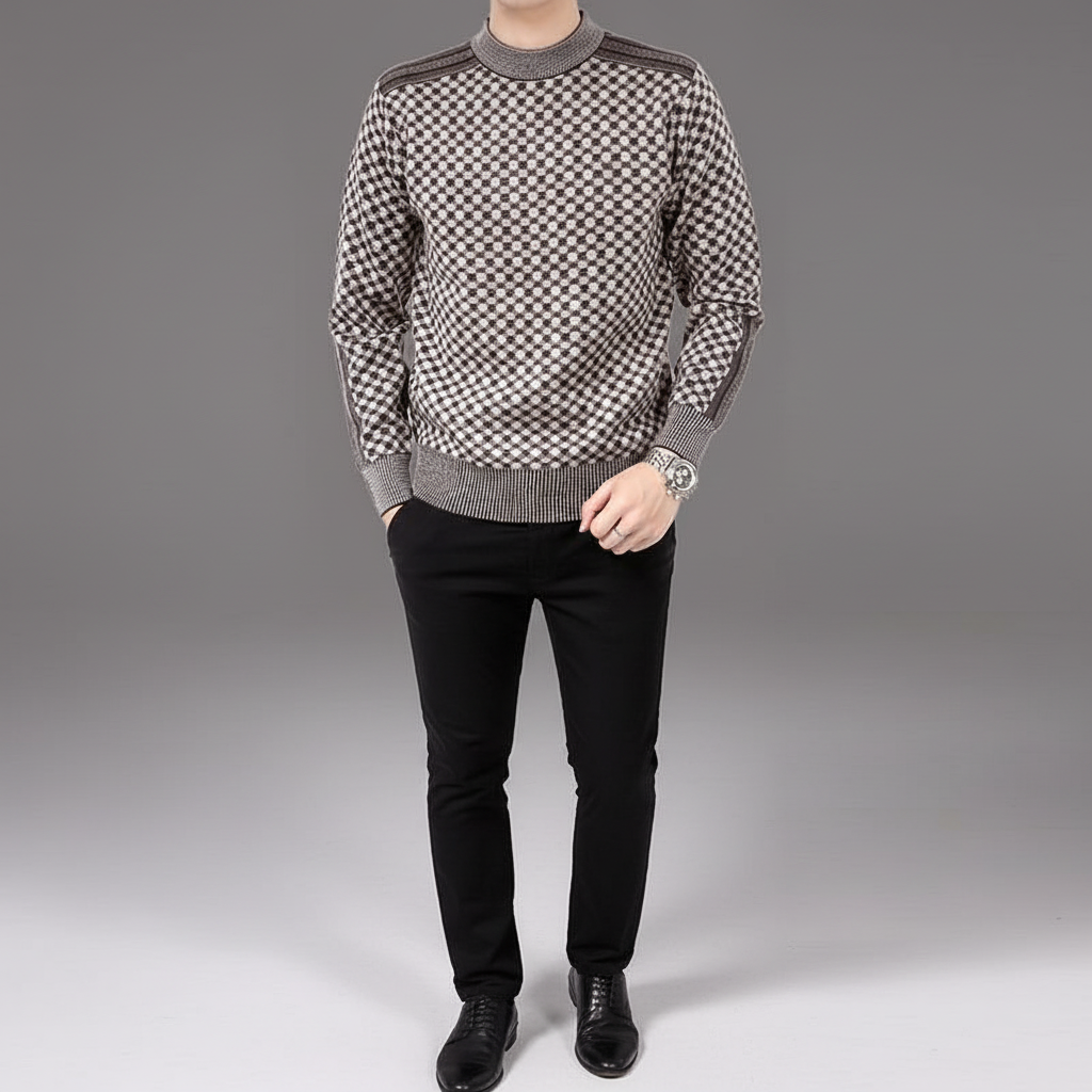 Andreas men's checked knit round neck sweater, a versatile piece for autumn and winter fashion