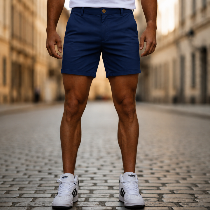 Men's casual chino shorts, perfect for summer. Tailored knee-length design for warm weather everyday wear.