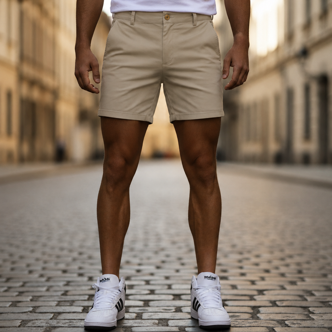 Man wearing versatile knee-length chino shorts. Perfect for casual summer outings & warm weather mens fashion.