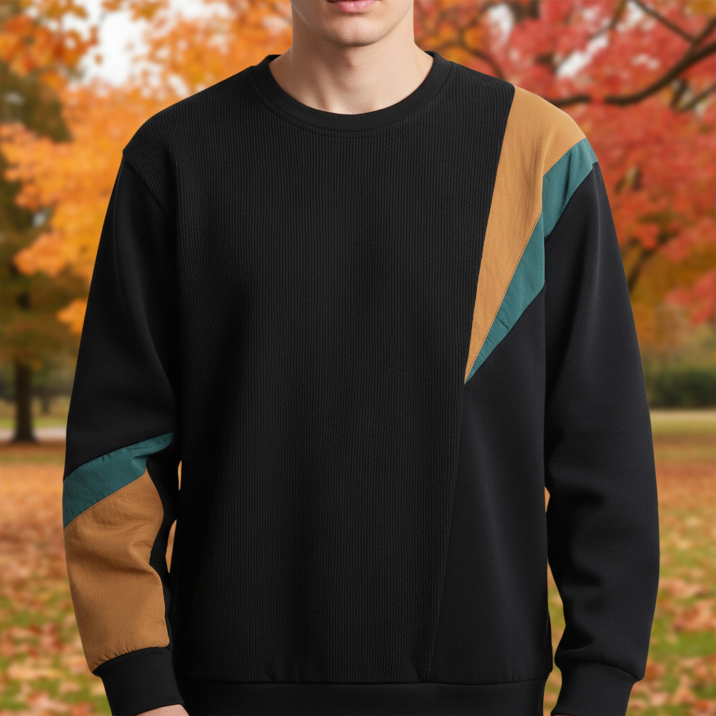 Men's casual color block crew neck sweater in polyester cotton blend for autumn fashion