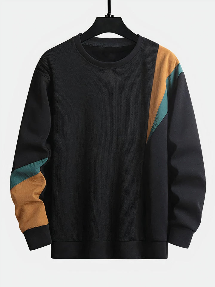 Cozy men's color block pullover, polyester cotton blend, suitable for cool autumn days