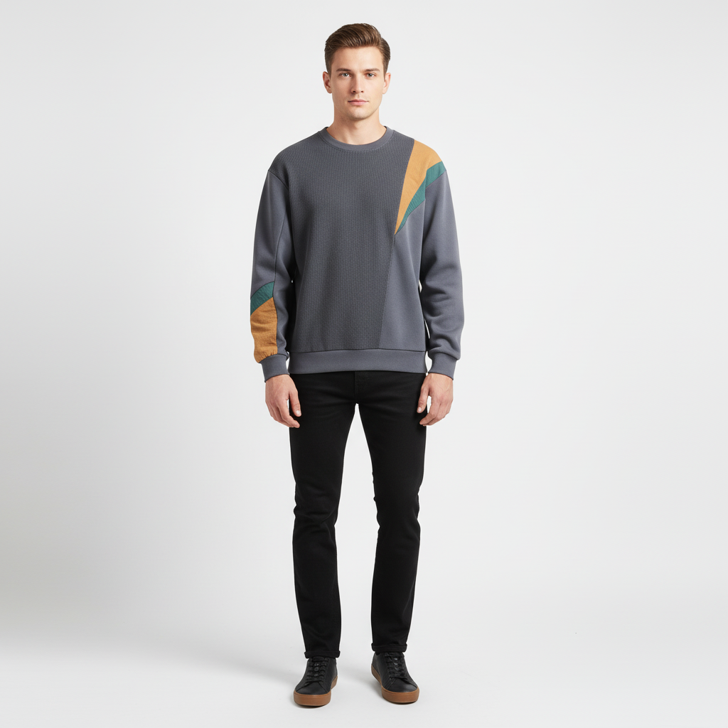 Comfortable men's color block sweater, polyester cotton blend, featuring a classic crew neck
